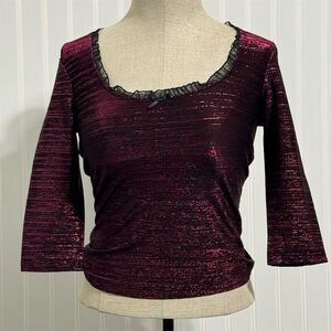 VTG 90s SELECTIONS Metallic Shimmer Square Neck Top Burgundy Lace Trim Size‎ S